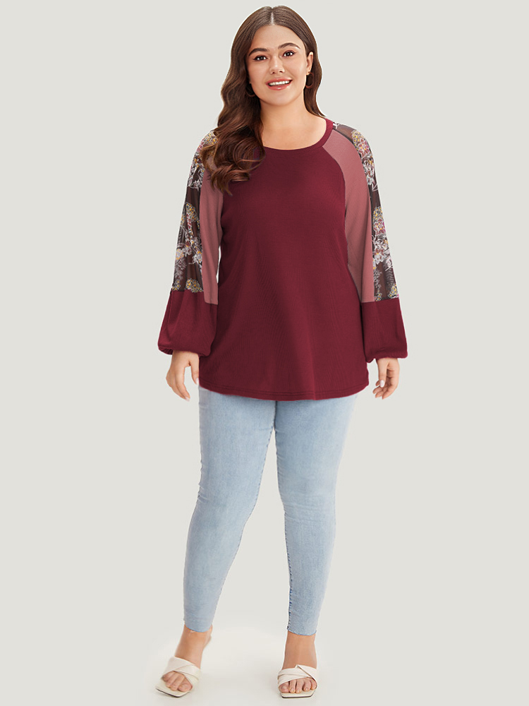 Plus Size Women Dailywear Plants Patchwork Regular Lantern Sleeve Long Sleeve Round Neck Elegant Sweatshirts BloomChic 