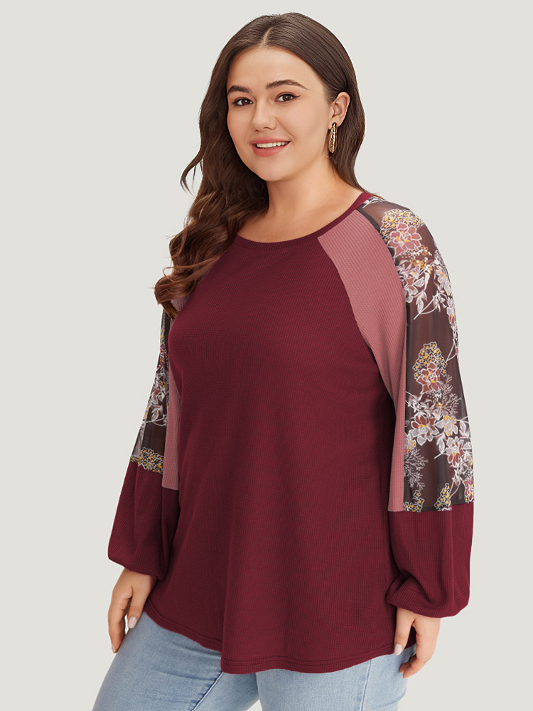Plus Size Women Dailywear Plants Patchwork Regular Lantern Sleeve Long Sleeve Round Neck Elegant Sweatshirts BloomChic 