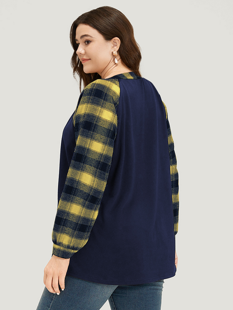 

Plus Size Plaid Patchwork Notched Button Detail Sweatshirt Women Yellow Casual Patchwork Notched collar Everyday Sweatshirts BloomChic