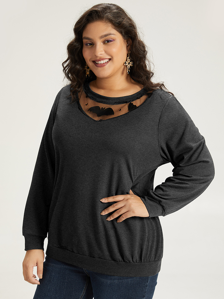 Plus Size Halloween Bat Print Mesh Patchwork Sweatshirt Women Gray Elegant Elastic cuffs Round Neck Festival-Halloween Sweatshirts BloomChic 30/6X 