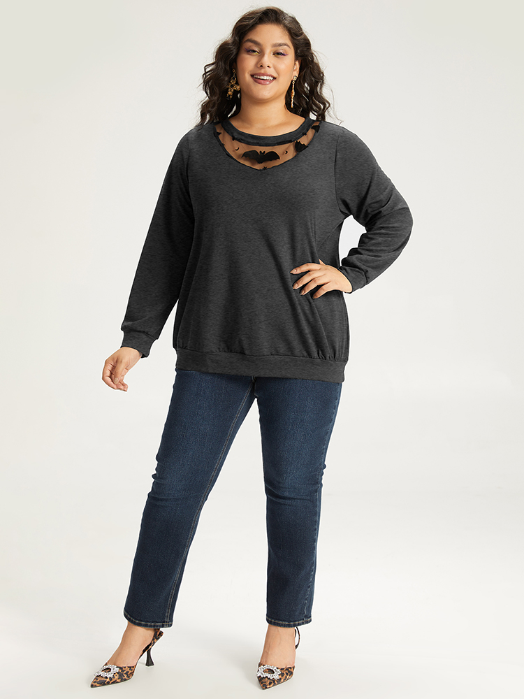 Plus Size Halloween Bat Print Mesh Patchwork Sweatshirt Women Gray Elegant Elastic cuffs Round Neck Festival-Halloween Sweatshirts BloomChic 30/6X 