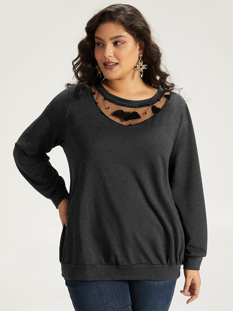 Plus Size Halloween Bat Print Mesh Patchwork Sweatshirt Women Gray Elegant Elastic cuffs Round Neck Festival-Halloween Sweatshirts BloomChic 30/6X 