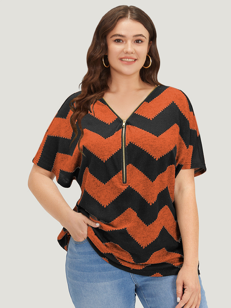 

Plus Size Striped Zipper Batwing Sleeve T-shirt Rust Women Casual Zipper Striped V-neck Dailywear T-shirts BloomChic