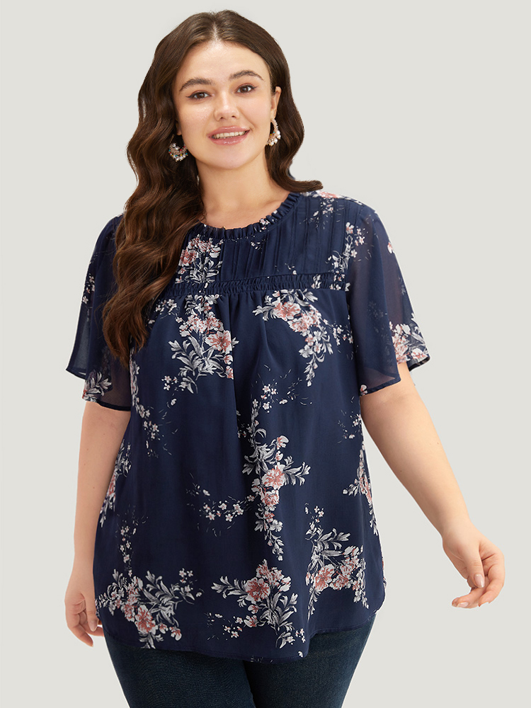 

Plus Size Indigo Floral Print Frill Trim Shirred Flutter Sleeve Blouse Women Elegant Short sleeve Round Neck Dailywear Blouses BloomChic