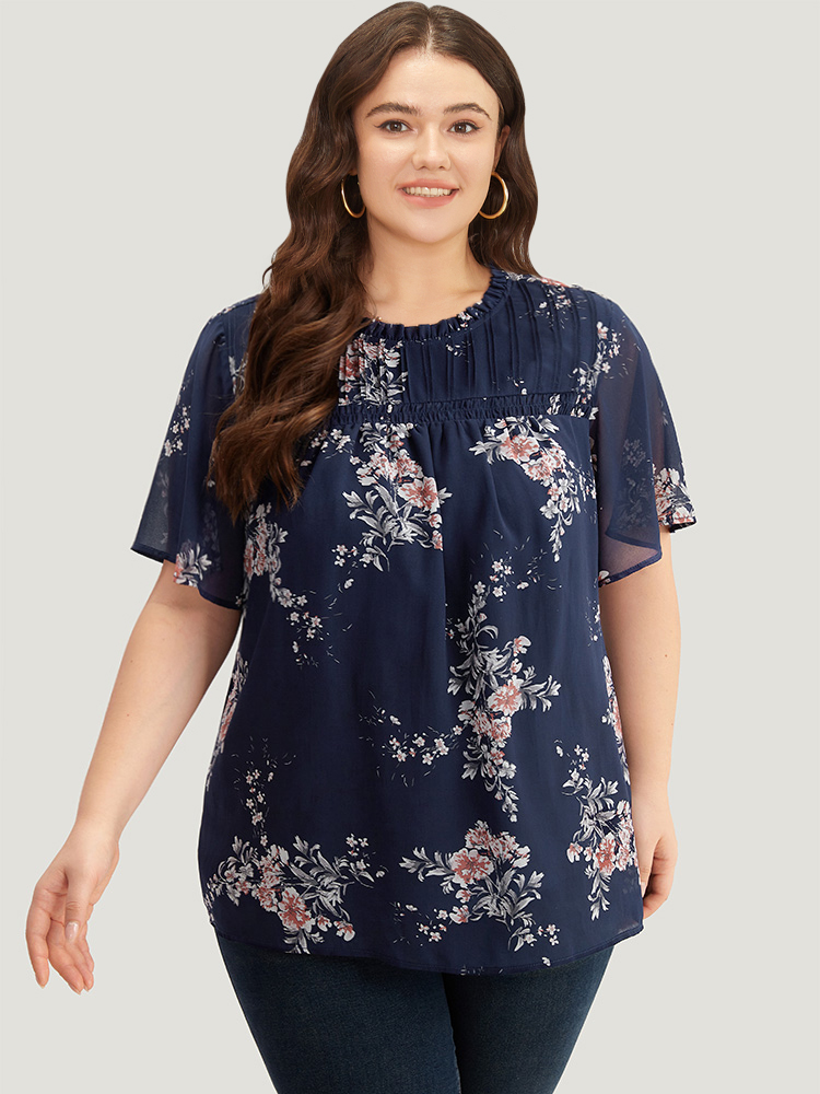 

Plus Size Indigo Floral Print Frill Trim Shirred Flutter Sleeve Blouse Women Elegant Short sleeve Round Neck Dailywear Blouses BloomChic