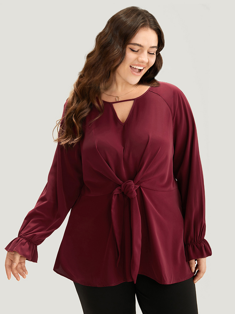 

Plus Size Scarlet Anti-Wrinkle Twist Front Keyhole Ties Blouse Women Office Long Sleeve Keyhole Cut-Out Work Blouses BloomChic