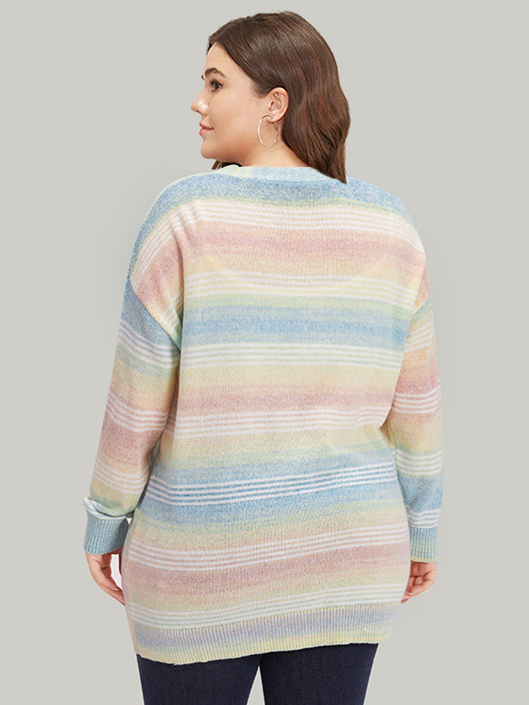 Plus Size Rainbow Ombre Elastic Cuffs Button Up Cardigan Multicolor Women Casual Loose Long Sleeve Everyday Cardigans BloomChic 12/L 