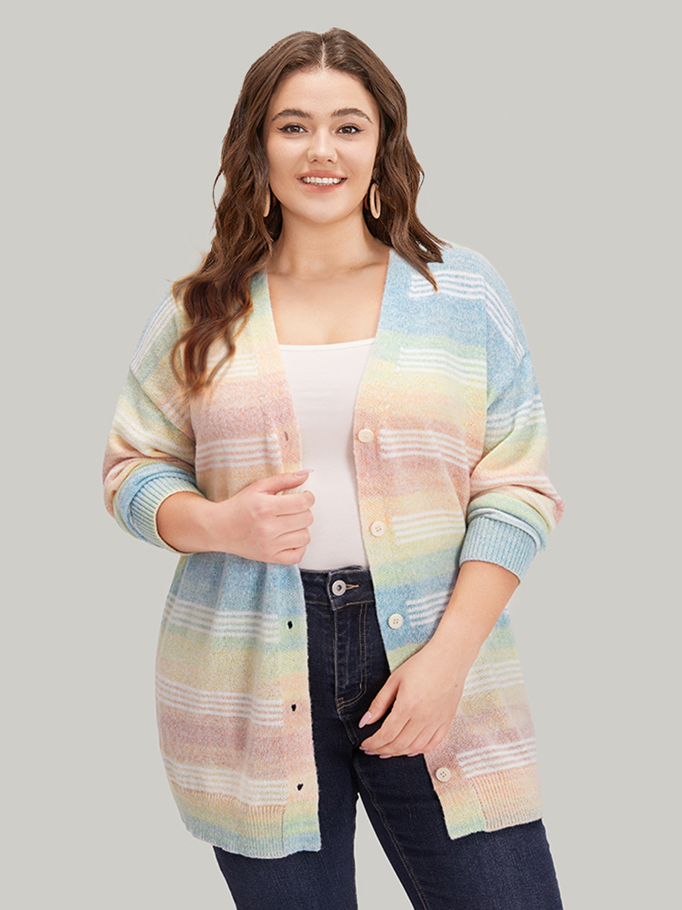 Plus Size Rainbow Ombre Elastic Cuffs Button Up Cardigan Multicolor Women Casual Loose Long Sleeve Everyday Cardigans BloomChic 12/L 