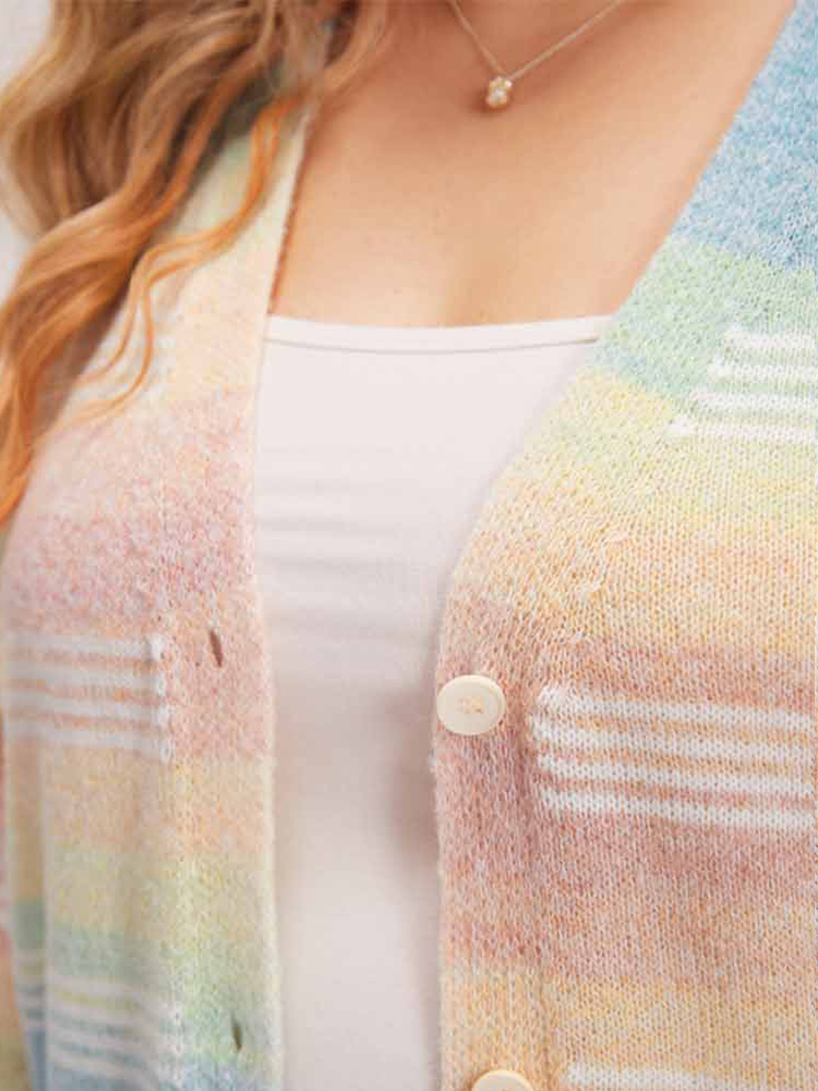 Plus Size Rainbow Ombre Elastic Cuffs Button Up Cardigan Multicolor Women Casual Loose Long Sleeve Everyday Cardigans BloomChic 12/L 