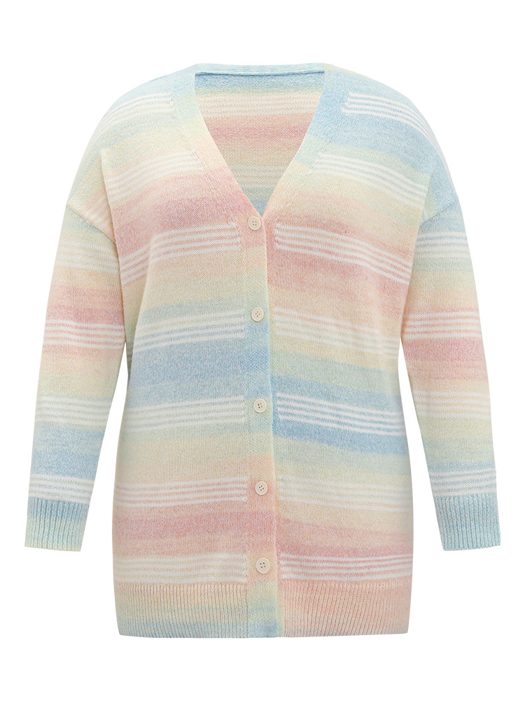 Plus Size Rainbow Ombre Elastic Cuffs Button Up Cardigan Multicolor Women Casual Loose Long Sleeve Everyday Cardigans BloomChic 12/L 