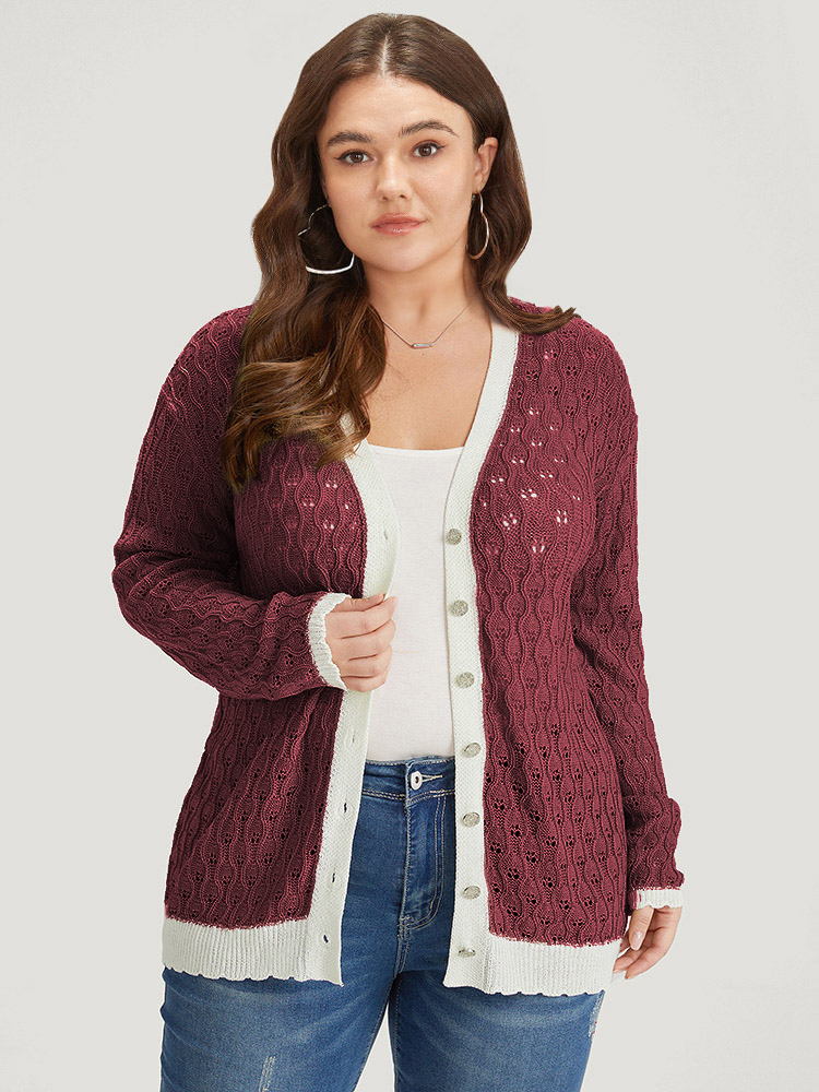 

Plus Size Two Tone Patchwork Cut Out Button Down Cardigan Burgundy Women Casual Loose Long Sleeve Work Cardigans BloomChic