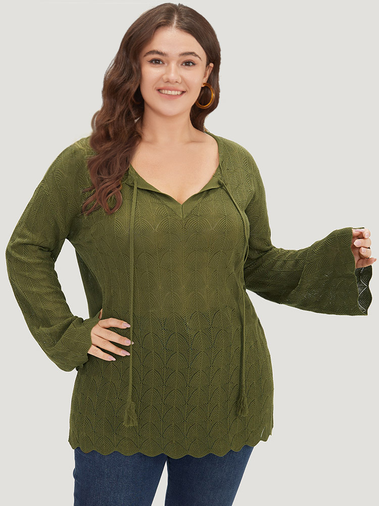 

Plus Size Solid Ties Bell Sleeve Scalloped Trim Breathable Pullover Moss Women Casual Loose Long Sleeve V-neck Dailywear Pullovers BloomChic