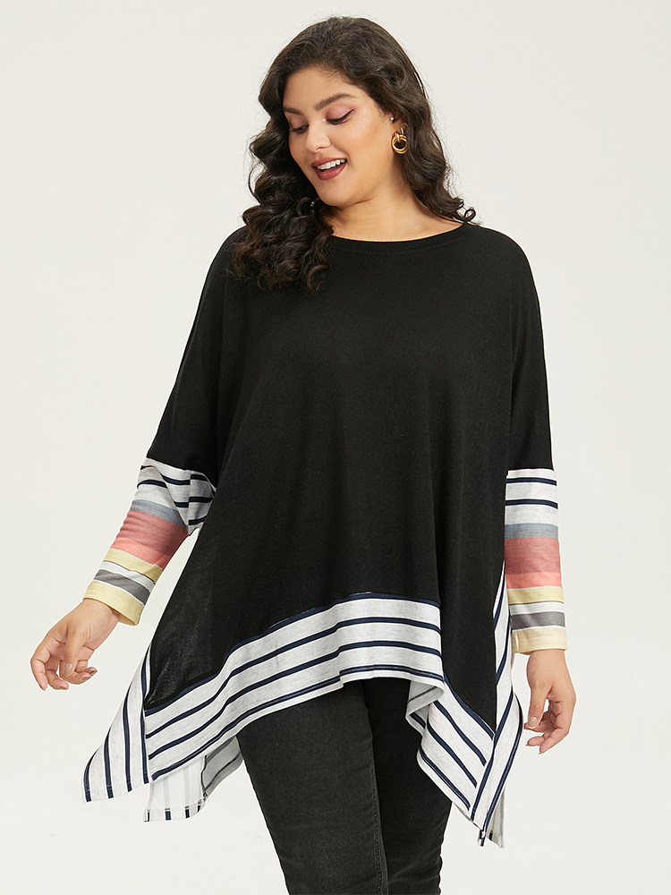 

Plus Size Striped Patchwork Colorblock Contrast Crew Neck Sweatshirt Women Black Casual Contrast Round Neck Dailywear Sweatshirts BloomChic