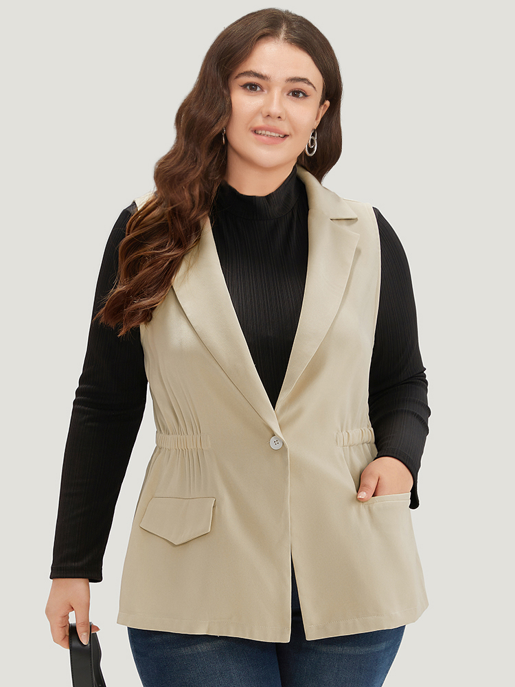 

Plus Size Plain Suit Collar Pocket Sleeveless Blazer Beige Women Work Plain Plain Sleeveless Sleeveless Lapel Collar  Pocket Office Blazers BloomChic