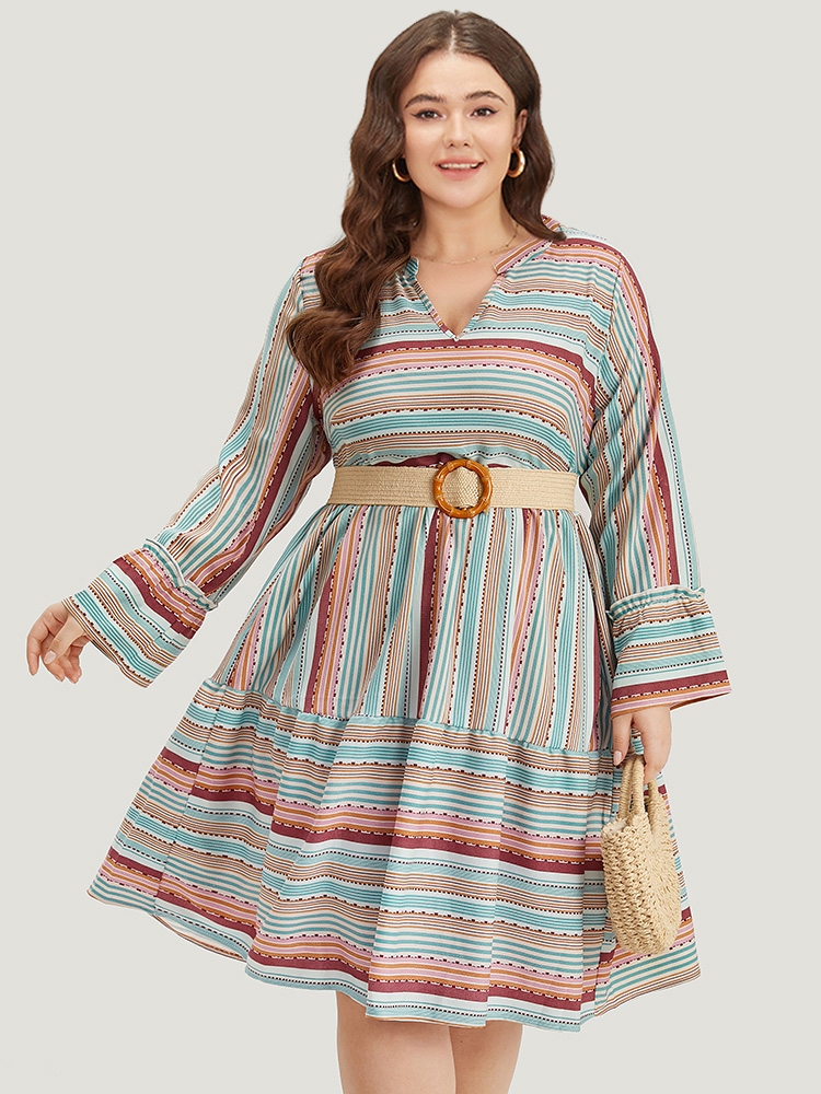Plus Size Women Dailywear Striped Gathered Bell Sleeve Long Sleeve Notched collar Pocket Vacation Dresses BloomChic 