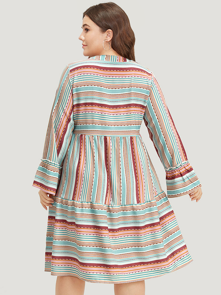 Plus Size Women Dailywear Striped Gathered Bell Sleeve Long Sleeve Notched collar Pocket Vacation Dresses BloomChic 