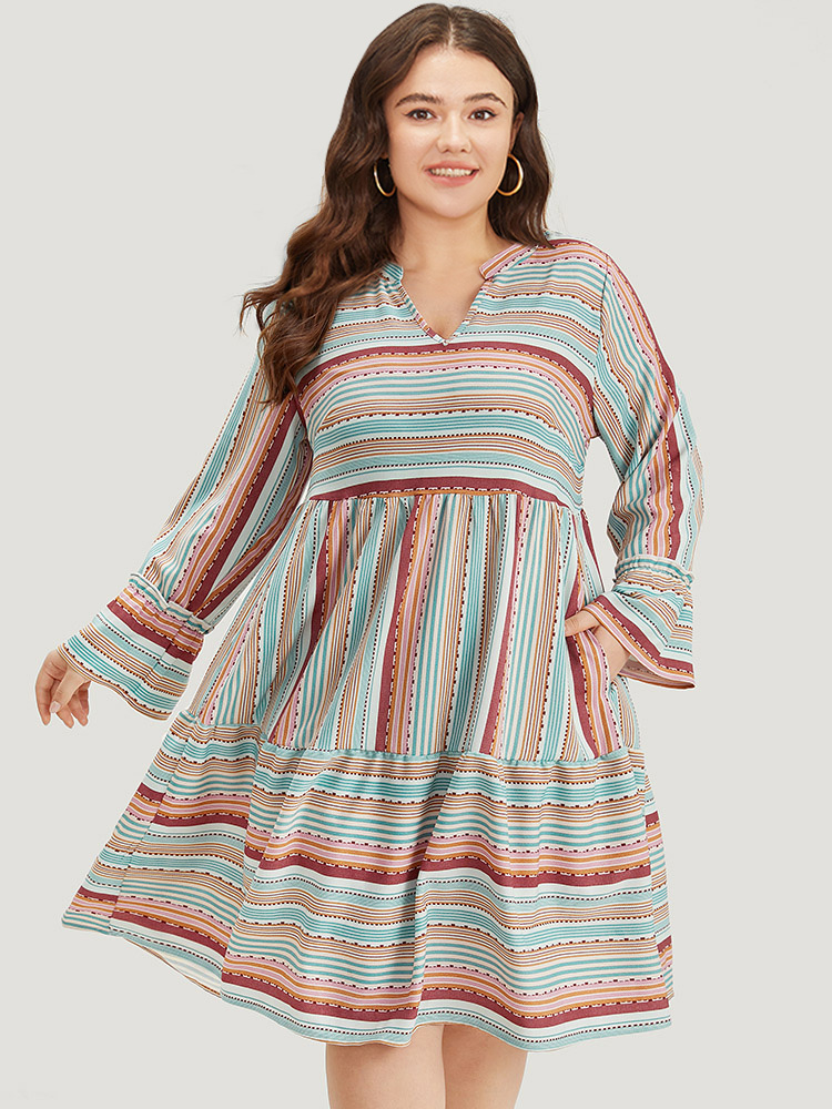 Plus Size Women Dailywear Striped Gathered Bell Sleeve Long Sleeve Notched collar Pocket Vacation Dresses BloomChic 