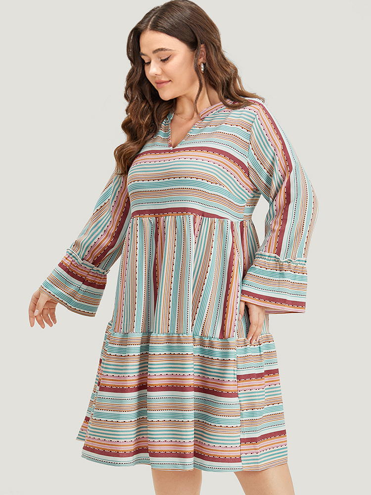 Plus Size Women Dailywear Striped Gathered Bell Sleeve Long Sleeve Notched collar Pocket Vacation Dresses BloomChic 