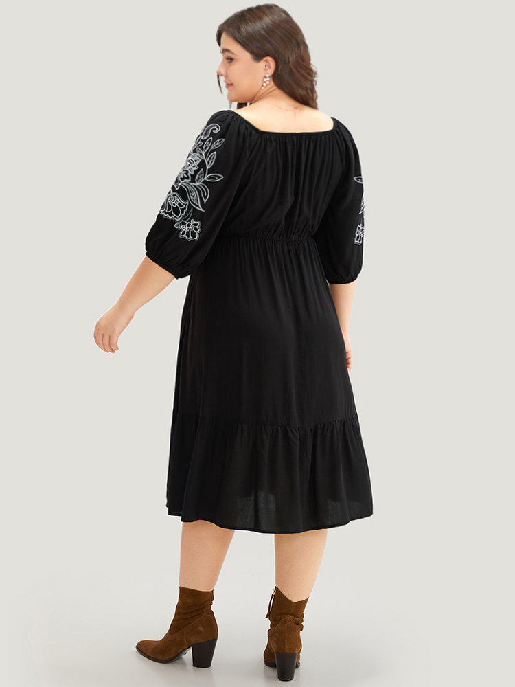 Plus Size Women Dailywear Graphic Gathered Lantern Sleeve Half Sleeve Square Neck Pocket Vacation Dresses BloomChic 