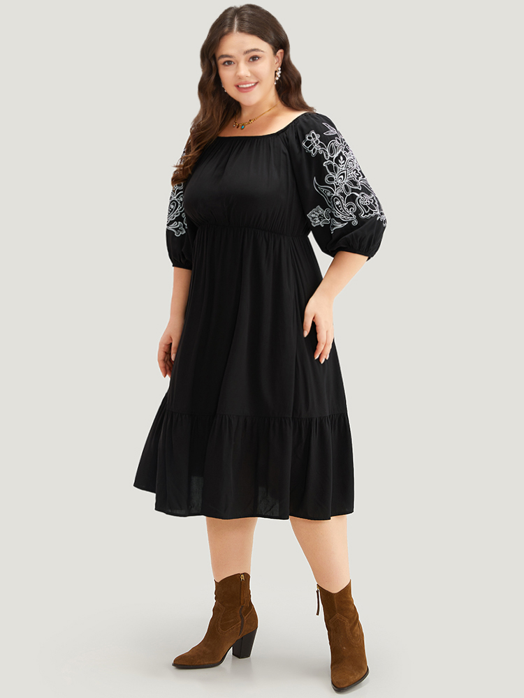 Plus Size Women Dailywear Graphic Gathered Lantern Sleeve Half Sleeve Square Neck Pocket Vacation Dresses BloomChic 