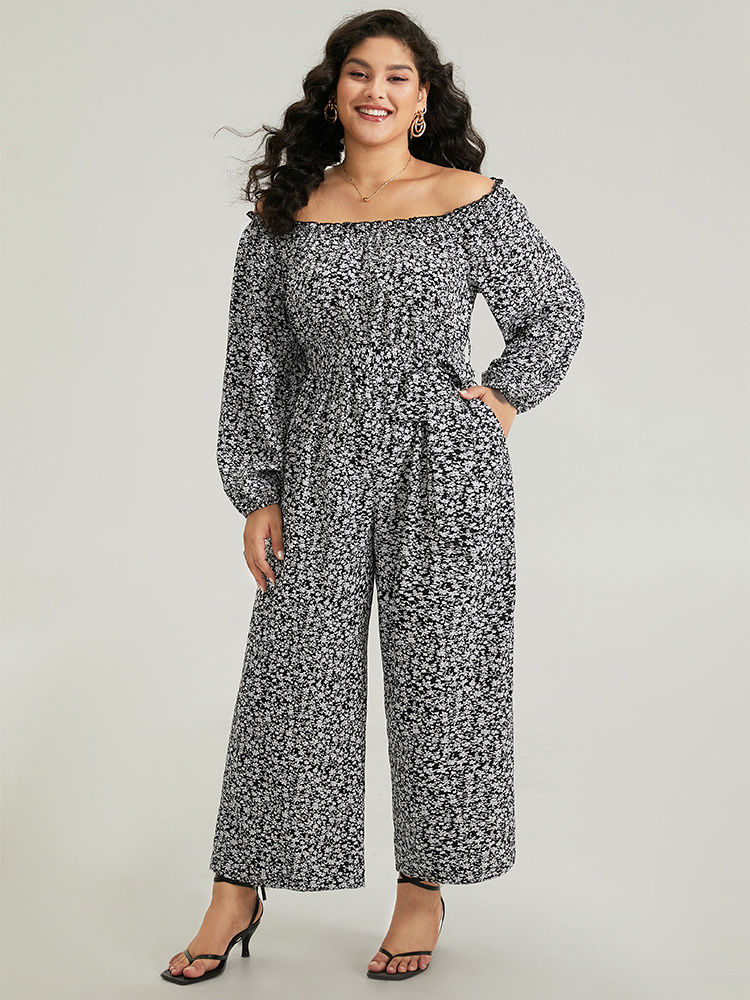 

Plus Size Black Ditsy Floral Off Shoulder Pocket Belted Jumpsuit Women Elegant Long Sleeve One-shoulder neck Dailywear Loose Jumpsuits BloomChic