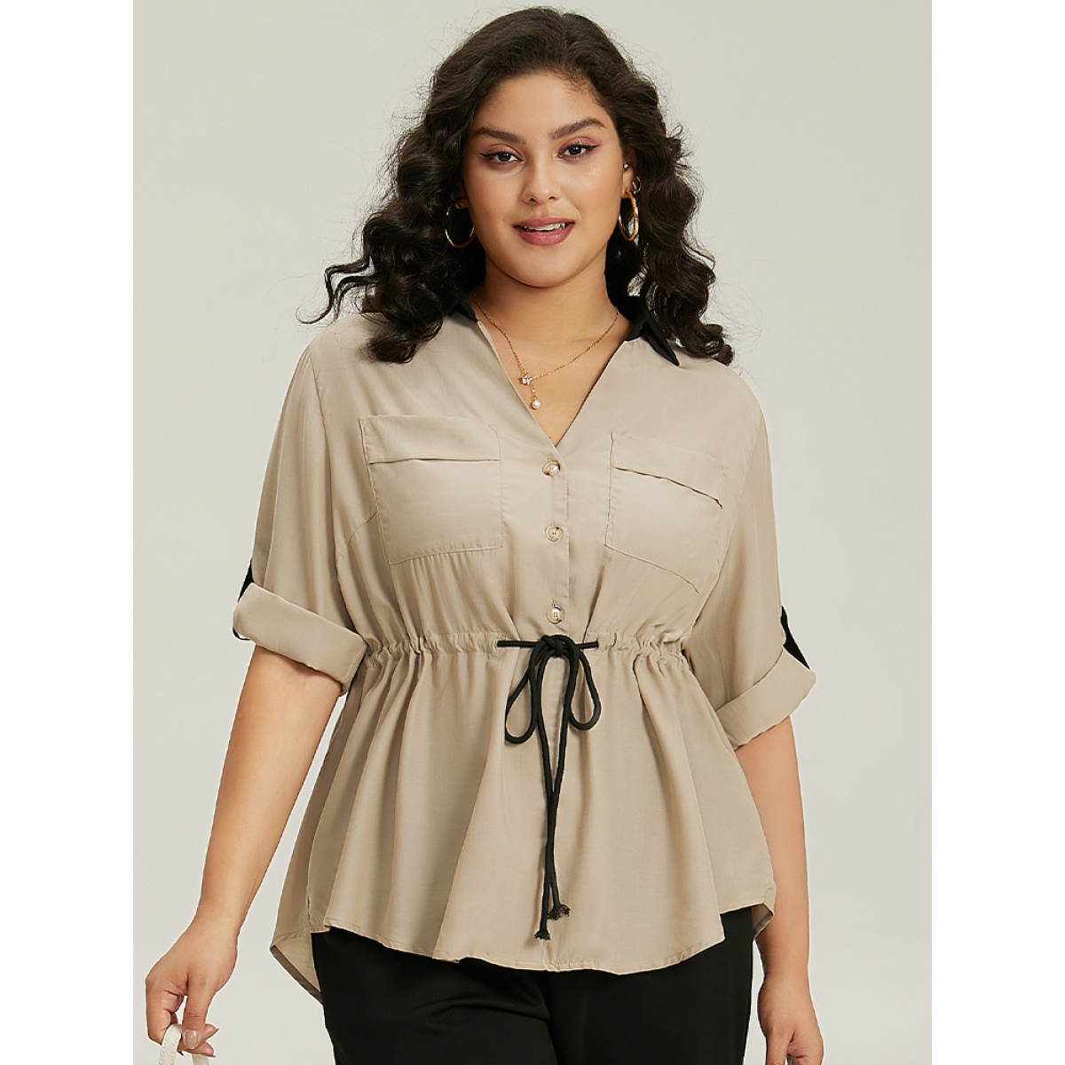 

Plus Size Tan Contrast Drawstring Roll Tab Sleeve Patched Pocket Blouse Women Office Elbow-length sleeve Shirt collar Work Blouses BloomChic