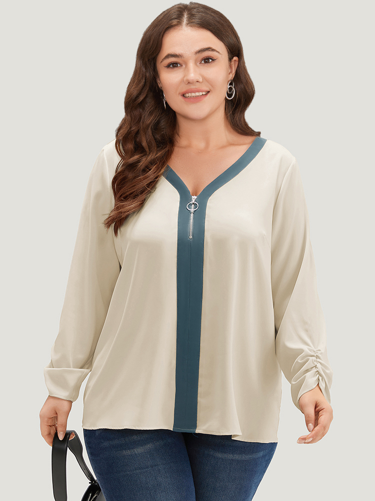 

Plus Size Ivory Anti-Wrinkle Half Zip Gathered Contrast Trim Blouse Women Office Long Sleeve V-neck Work Blouses BloomChic