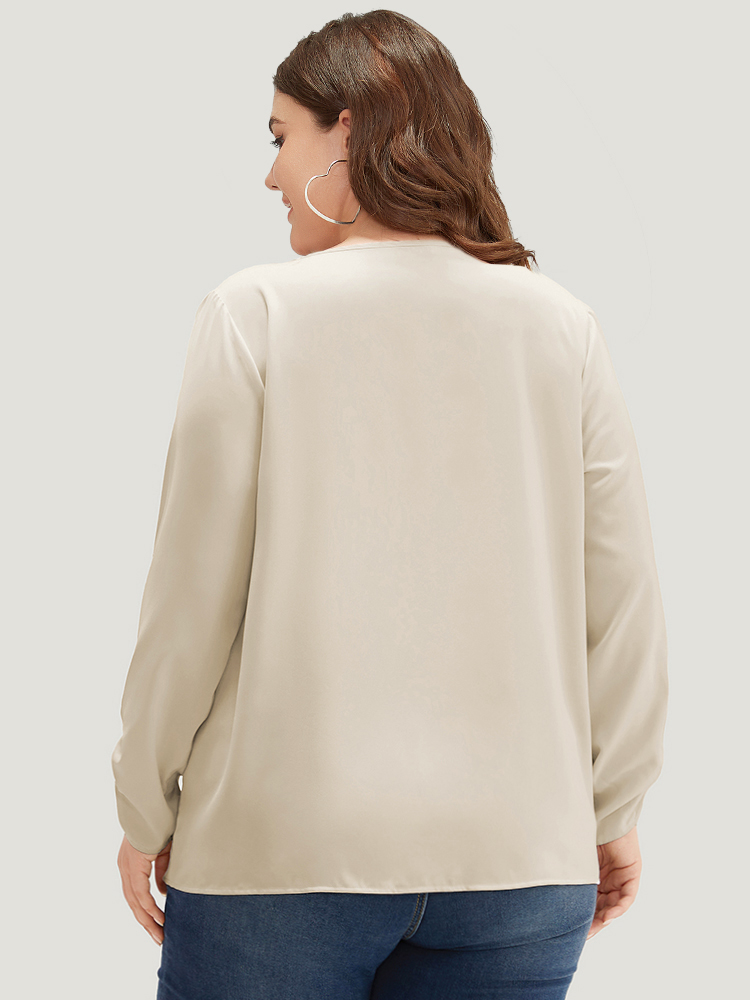 Plus Size Women Work Plain Gathered Regular Sleeve Long Sleeve V-neck Office Blouses BloomChic 
