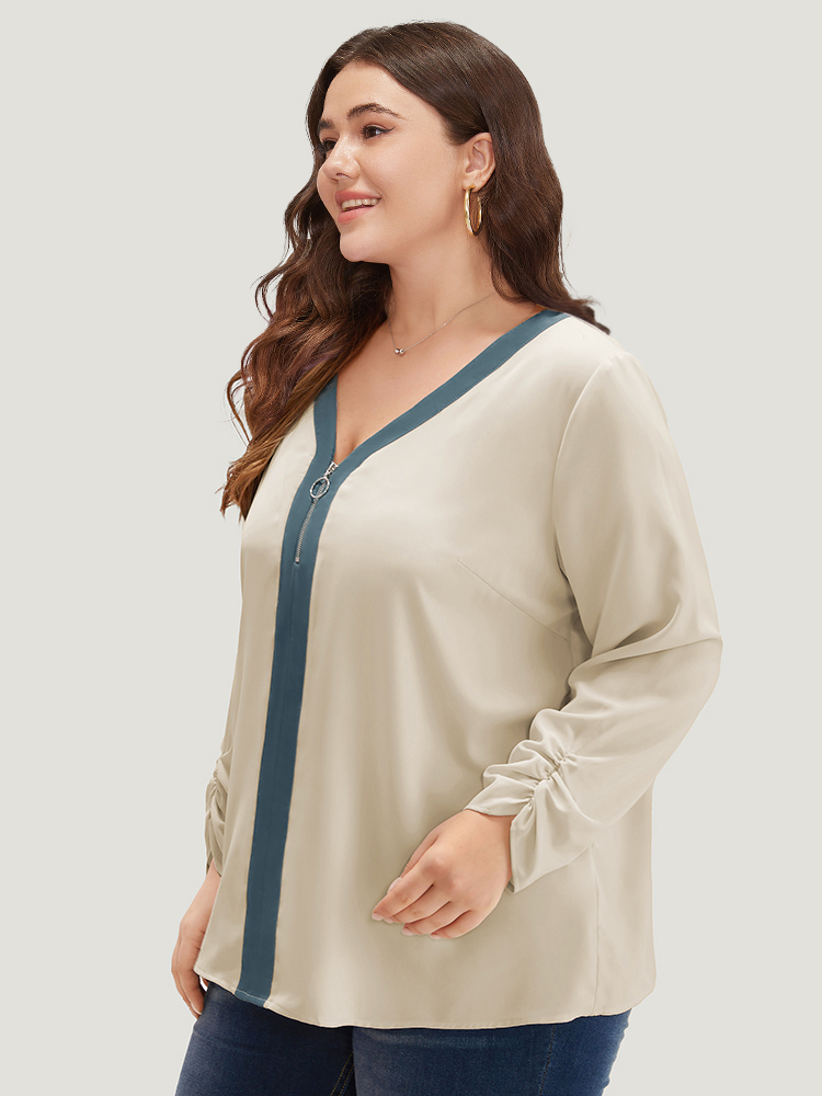 Plus Size Women Work Plain Gathered Regular Sleeve Long Sleeve V-neck Office Blouses BloomChic 