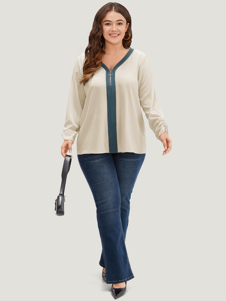 Plus Size Women Work Plain Gathered Regular Sleeve Long Sleeve V-neck Office Blouses BloomChic 