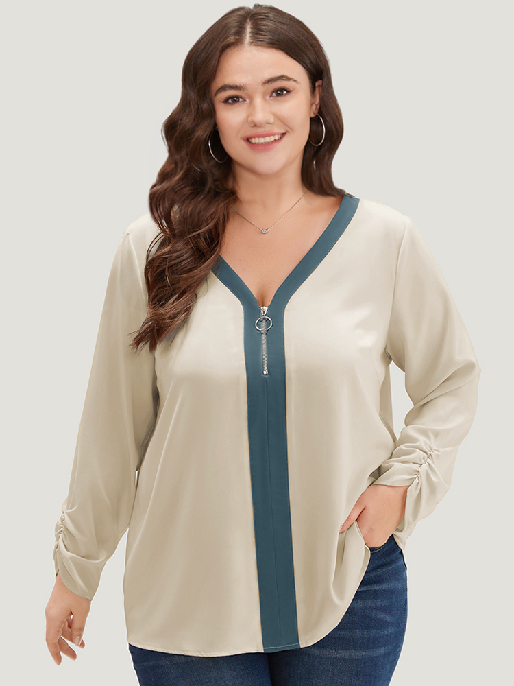 

Plus Size Ivory Anti-Wrinkle Half Zip Gathered Contrast Trim Blouse Women Office Long Sleeve V-neck Work Blouses BloomChic