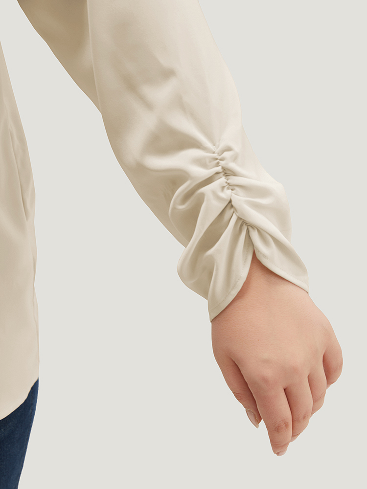 Plus Size Women Work Plain Gathered Regular Sleeve Long Sleeve V-neck Office Blouses BloomChic 