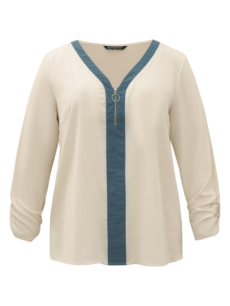 Plus Size Women Work Plain Gathered Regular Sleeve Long Sleeve V-neck Office Blouses BloomChic 