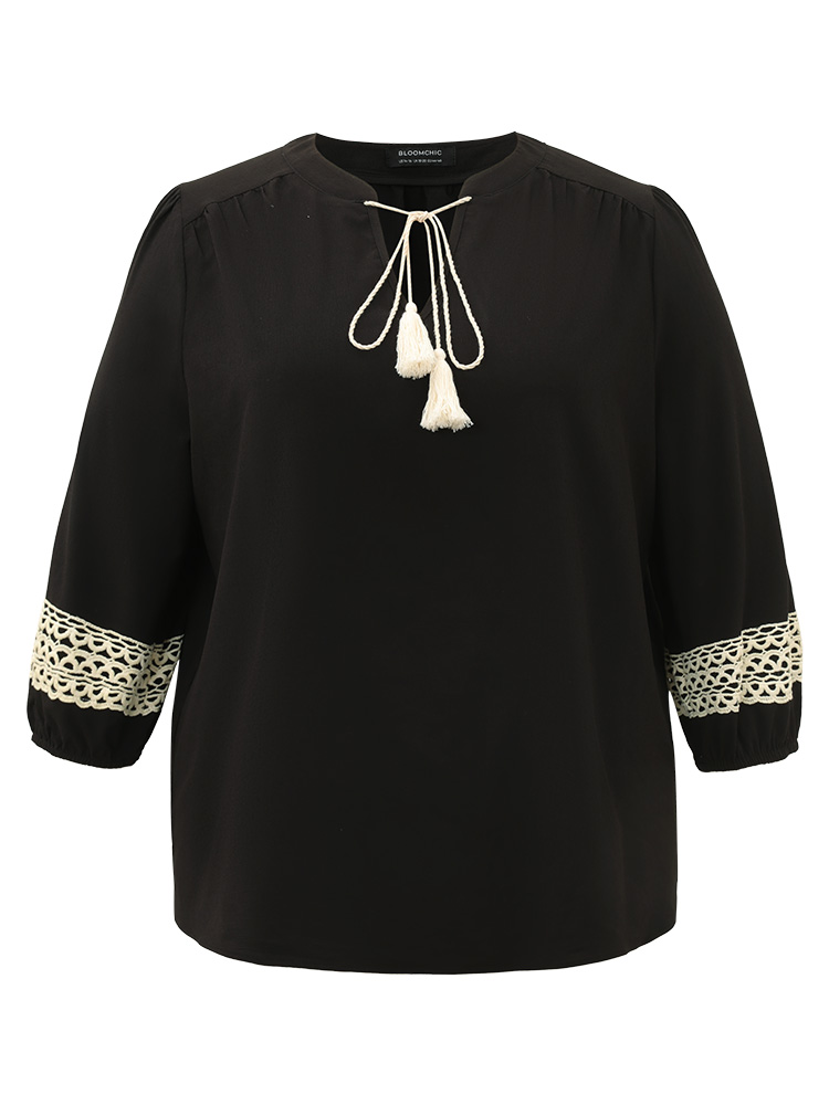 Plus Size Women Dailywear Plain Elastic cuffs Lantern Sleeve Long Sleeve V-neck Vacation Blouses BloomChic 