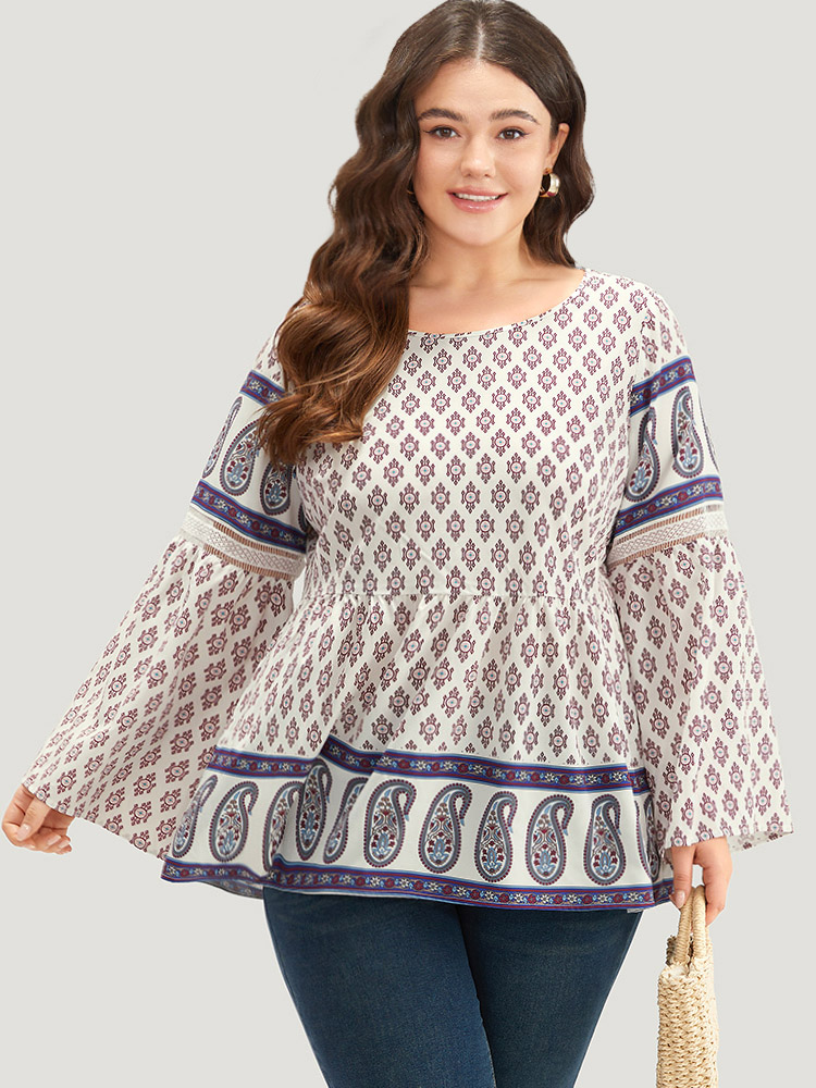 Plus Size Women Vacation Bohemian Print Patchwork Ruffle Sleeve Long Sleeve Round Neck Vacation Blouses BloomChic 