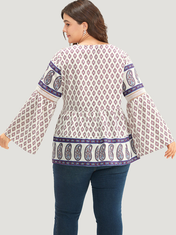 Plus Size Women Vacation Bohemian Print Patchwork Ruffle Sleeve Long Sleeve Round Neck Vacation Blouses BloomChic 