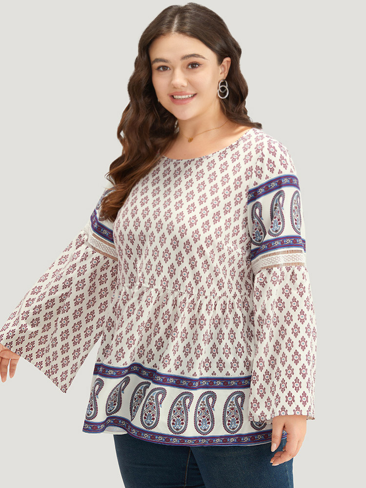 Plus Size Women Vacation Bohemian Print Patchwork Ruffle Sleeve Long Sleeve Round Neck Vacation Blouses BloomChic 