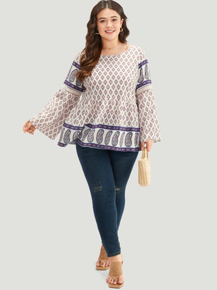 Plus Size Women Vacation Bohemian Print Patchwork Ruffle Sleeve Long Sleeve Round Neck Vacation Blouses BloomChic 