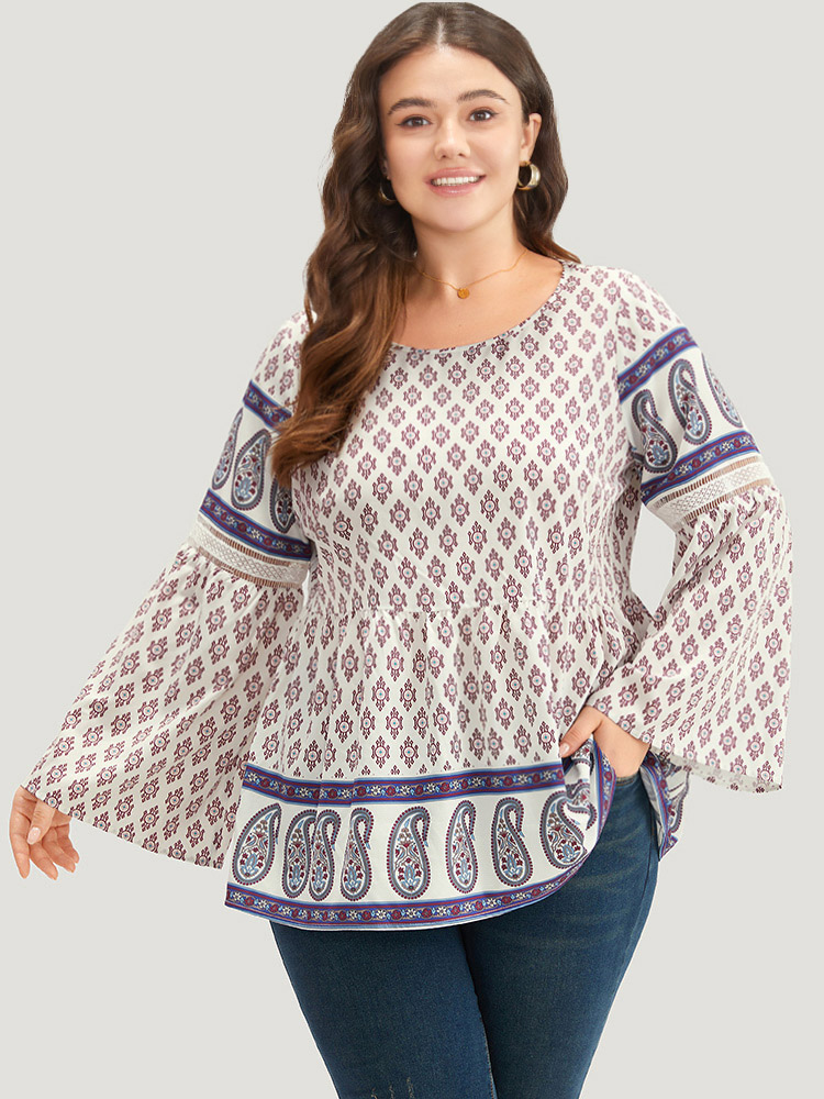 Plus Size Women Vacation Bohemian Print Patchwork Ruffle Sleeve Long Sleeve Round Neck Vacation Blouses BloomChic 