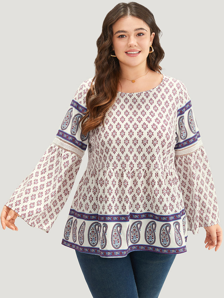 Plus Size Women Vacation Bohemian Print Patchwork Ruffle Sleeve Long Sleeve Round Neck Vacation Blouses BloomChic 