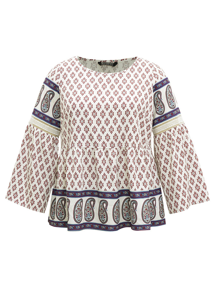 Plus Size Women Vacation Bohemian Print Patchwork Ruffle Sleeve Long Sleeve Round Neck Vacation Blouses BloomChic 
