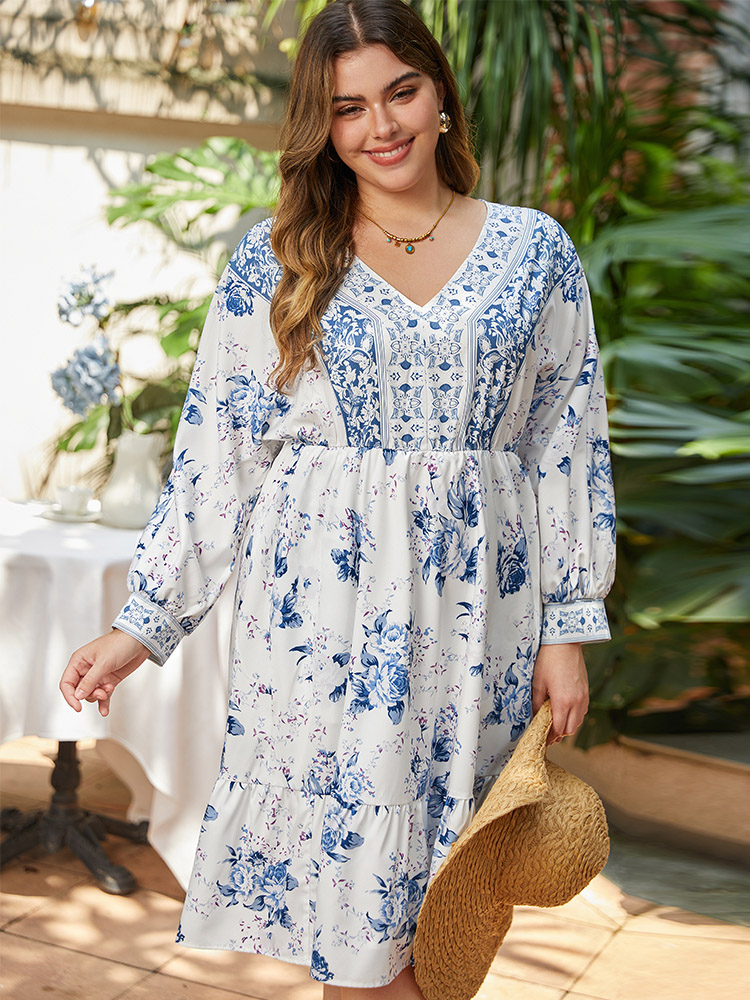 

Plus Size Floral Print Lantern Sleeve Pocket Ruffle Dress Stone Women Vacation Printed V-neck Long Sleeve Curvy Midi Dress BloomChic