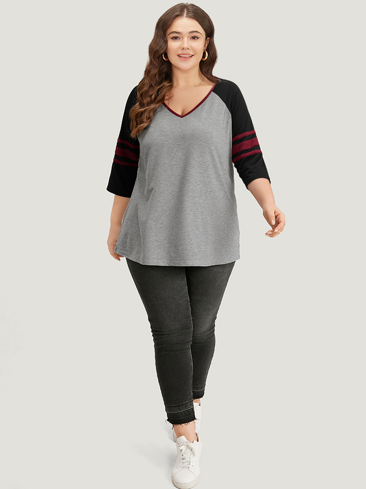 

Plus Size Colorblock Contrast Raglan Sleeve Contrast Trim T-shirt Gray Women Casual Contrast Striped V-neck Dailywear T-shirts BloomChic