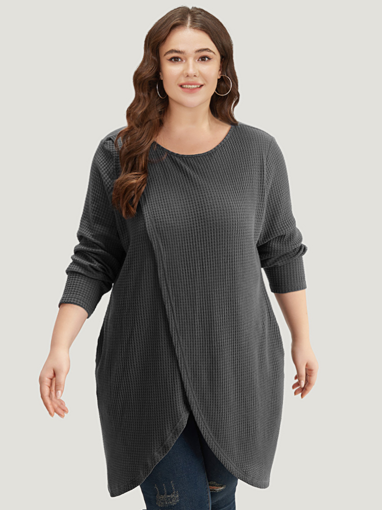 

Waffle Knit Pocket Crew Neck Wrap T-shirt, Gray