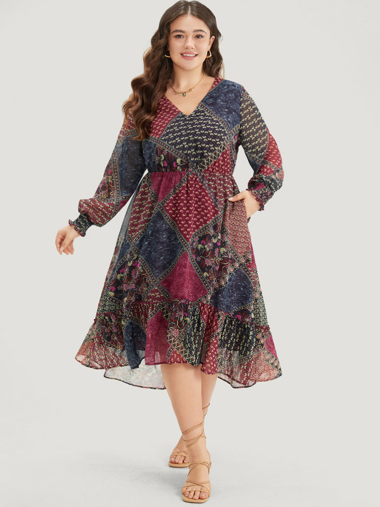 

Plus Size Bandana Print Shirred Flutter Hem Dress Multicolor Women Elastic cuffs V-neck Long Sleeve Curvy Midi Dress BloomChic