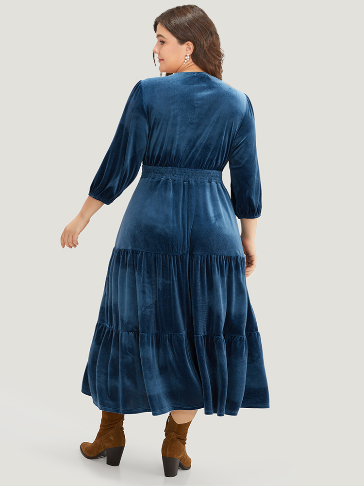 

Plus Size Velvet Solid Notched Shirred Tiered Hem Dress Cerulean Women Vacation Elastic cuffs Notched collar Elbow-length sleeve Curvy Midi Dress BloomChic