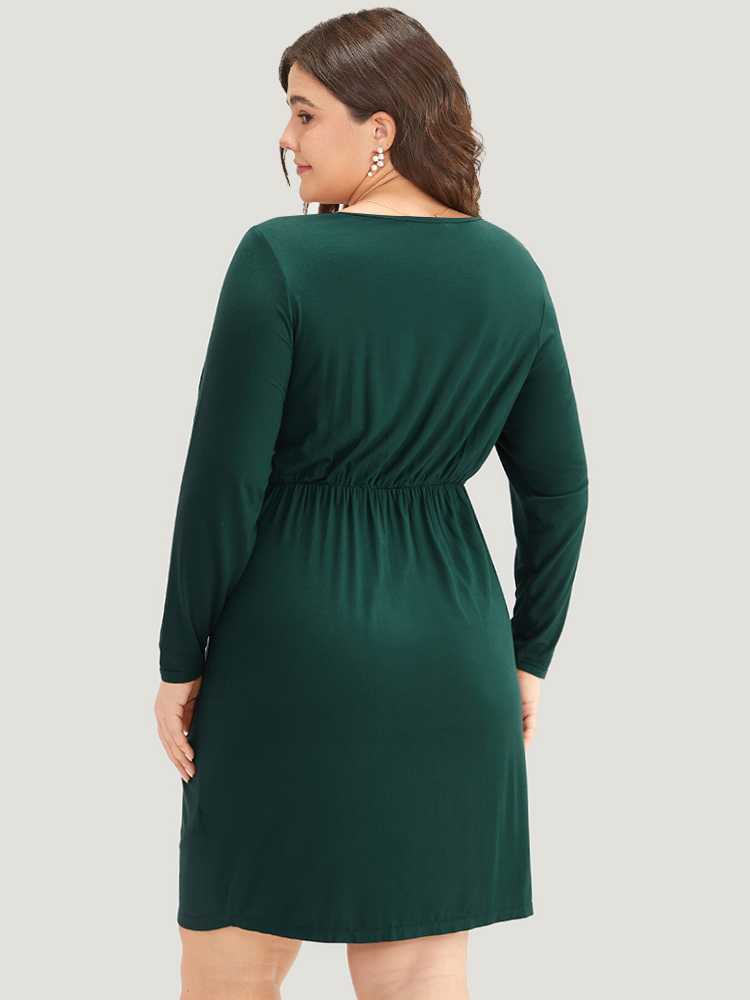 

Plus Size Solid Wrap Twist Front V Neck Dress DarkGreen Women Casual Wrap V-neck Long Sleeve Curvy Knee Dress BloomChic