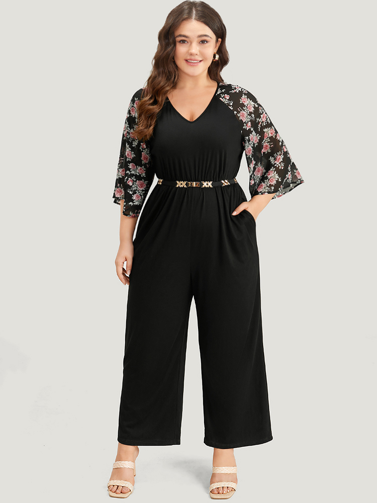 

Plus Size BlackFlower Floral Print Ruffles V Neck Raglan Sleeve Jumpsuit Women Elegant Elbow-length sleeve V-neck Dailywear Loose Jumpsuits BloomChic