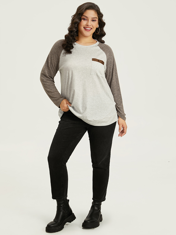 Plus Size Women Dailywear Plain Contrast Raglan sleeve Long Sleeve Round Neck Casual T-shirts BloomChic 
