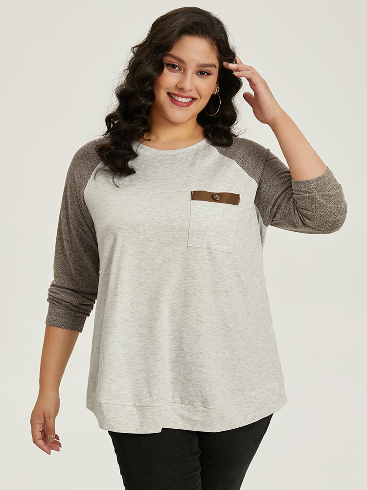 Plus Size Women Dailywear Plain Contrast Raglan sleeve Long Sleeve Round Neck Casual T-shirts BloomChic 